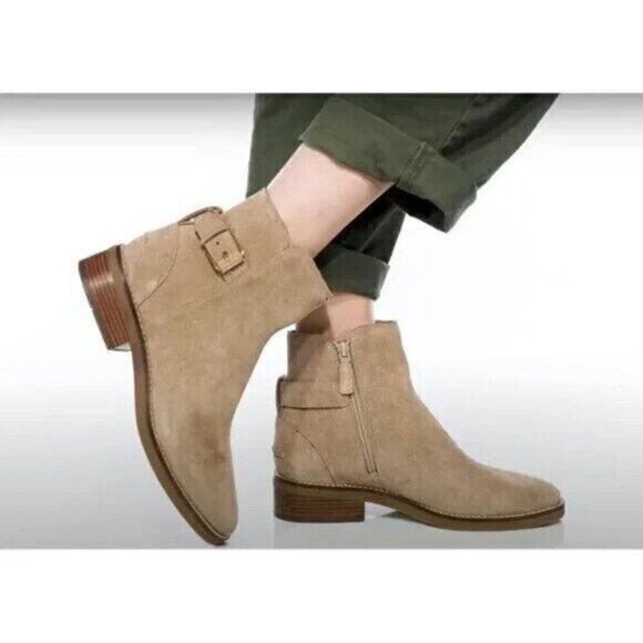 Cole Haan Tan Suede Hampshire Almond Toe Buckle Zip Ankle Boots Size 8.5B NWOB - Picture 1 of 14